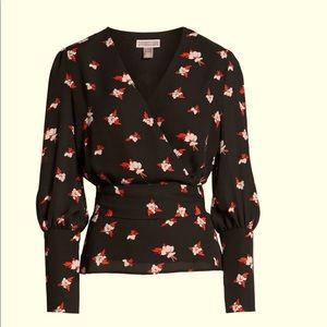 Chelsea28 faux-wrap, floral blouse, with V-neck and waist-cinching tie.